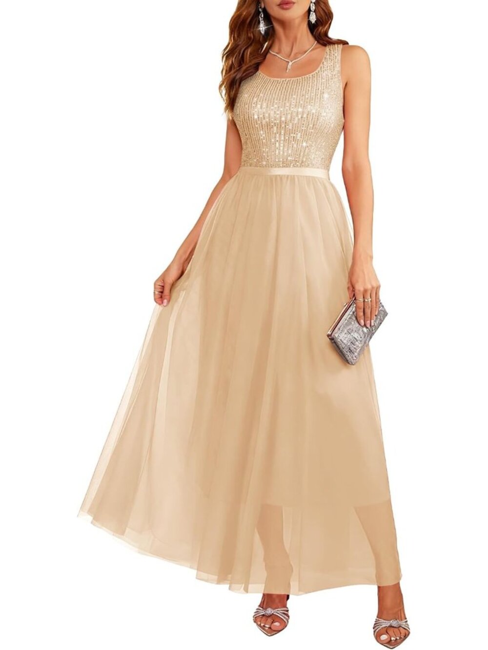 Women's Long Champagne A LINE Sequin Silhouette Shimmer Mesh Cocktail Maxi Dress